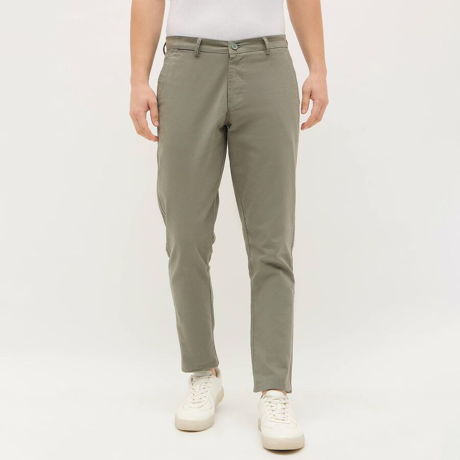 Men's Muted Olive Green Slim Fit Flat-Front Casual Trousers, गहरा हरा, large