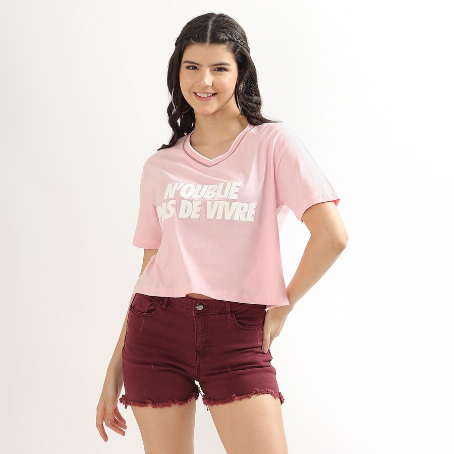 Women's Soft Pink Cotton Round Neck Crop T-Shirt, Pink, large image number null