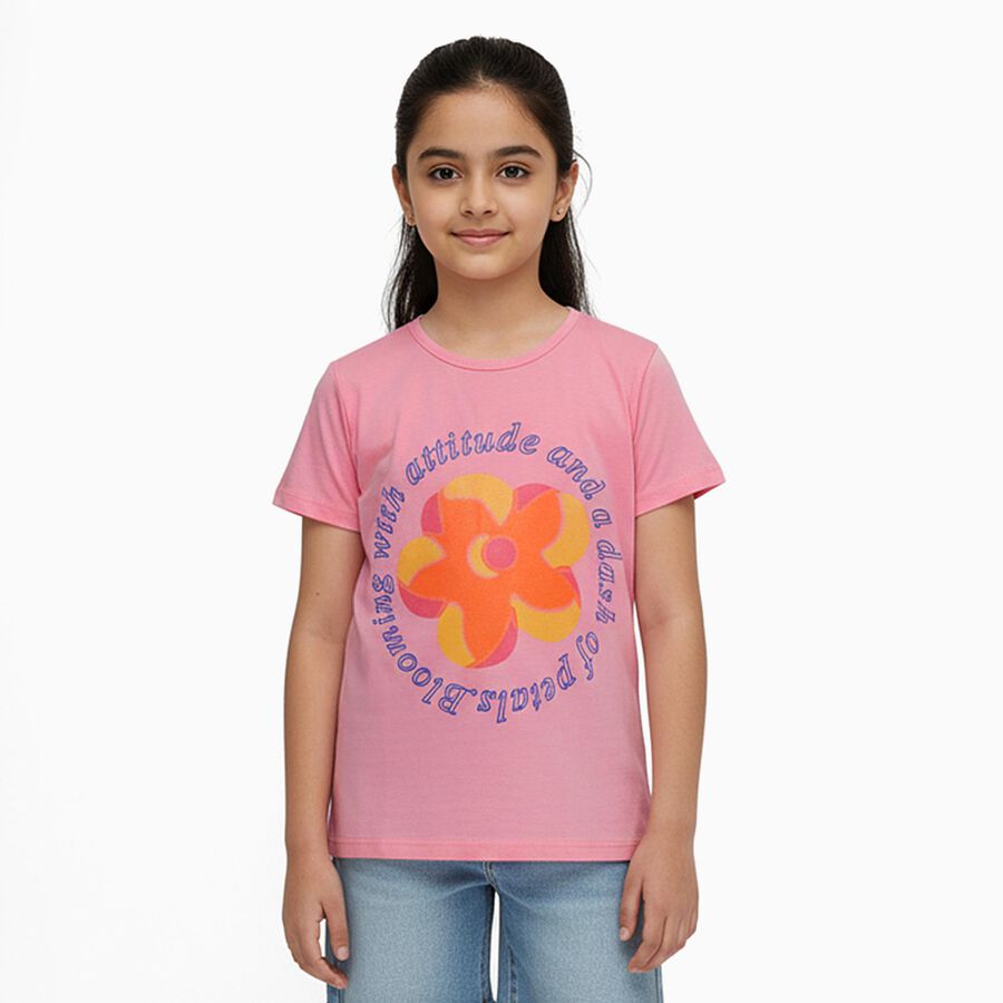 Girls Light Pink Cotton Round Neck Casual T-Shirt, Light Pink, large image number null