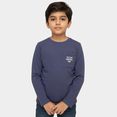 Boys' Navy Blue Round Neck Casual Full Sleeve T-Shirt