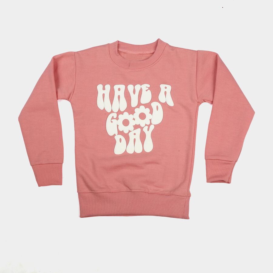 Girls' Pink Crew Neck Printed Sweatshirt, हल्का गुलाबी, large