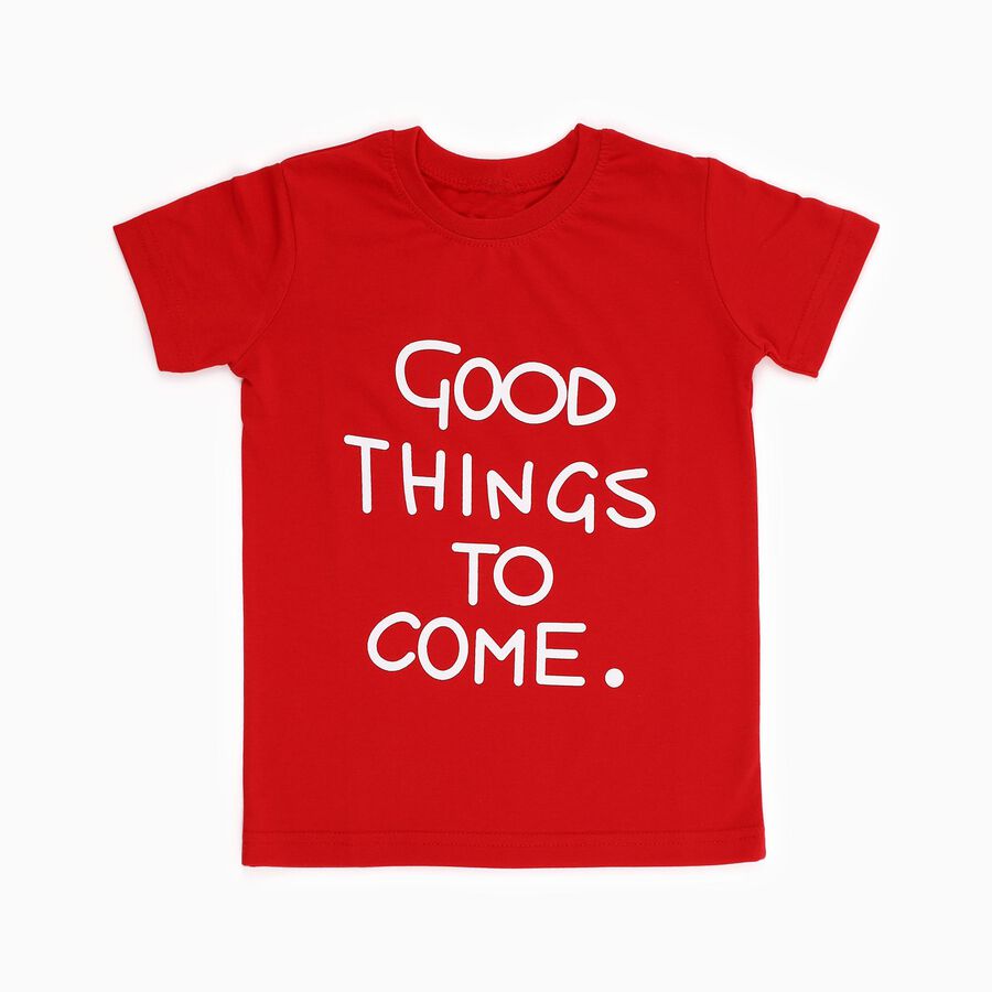 Boys Bright Cherry Red Crew Neck Casual T-Shirt, लाल, large image number null