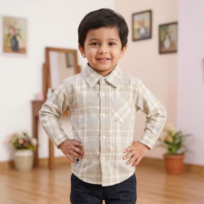 Boys Beige Spread Collar Casual Shirt