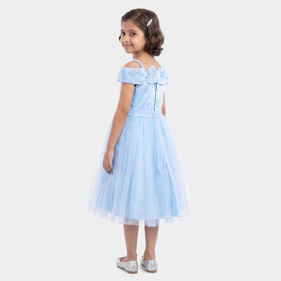 Girls' Light Blue Fit and Flare Bow Detail Party Wear Frock, Light Blue, large