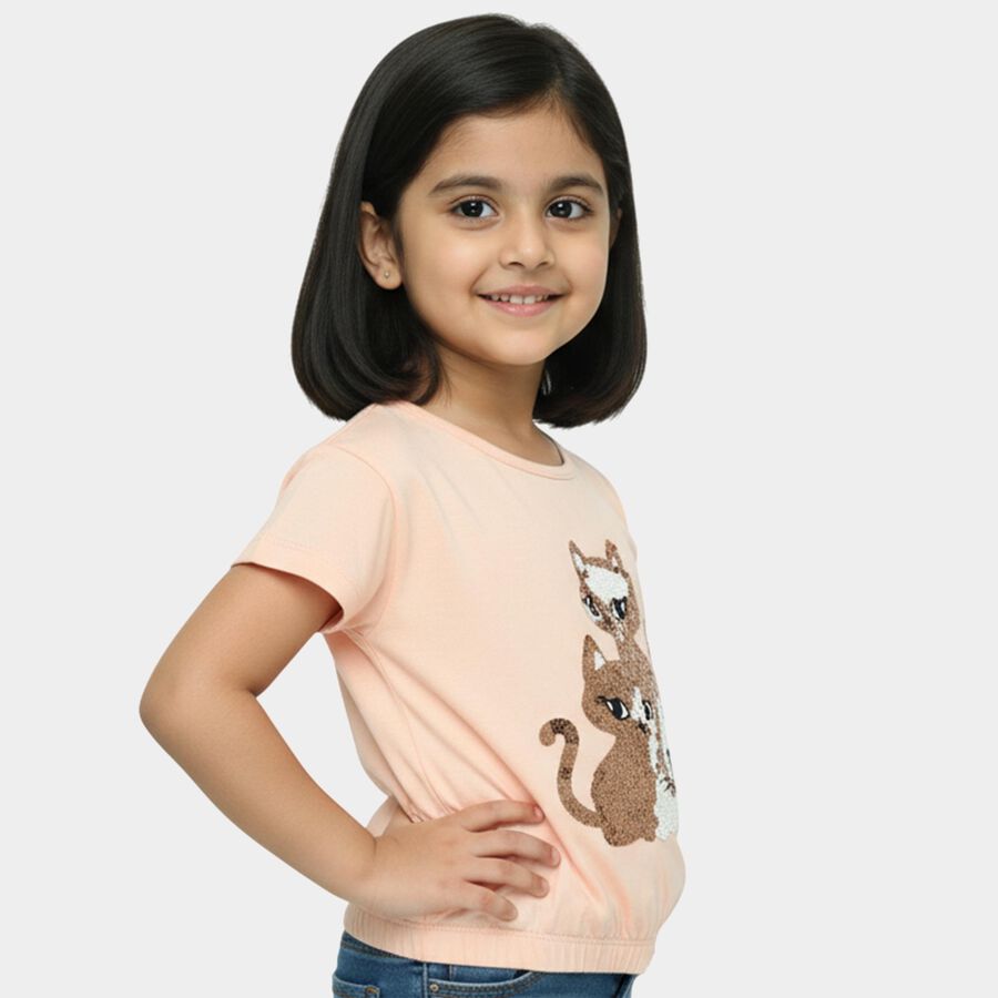 Girls' Peach Cotton Round Neck Casual T-Shirt, पीच, large