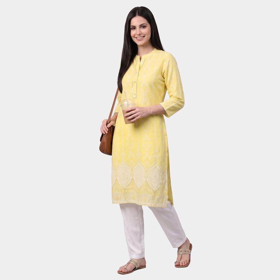 Women's Yellow Mandarin Collar Printed Kurta, Yellow, large