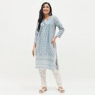 Women's Light Dusty Blue Tie-Up Neck Floral Printed Kurta, Light Grey, small