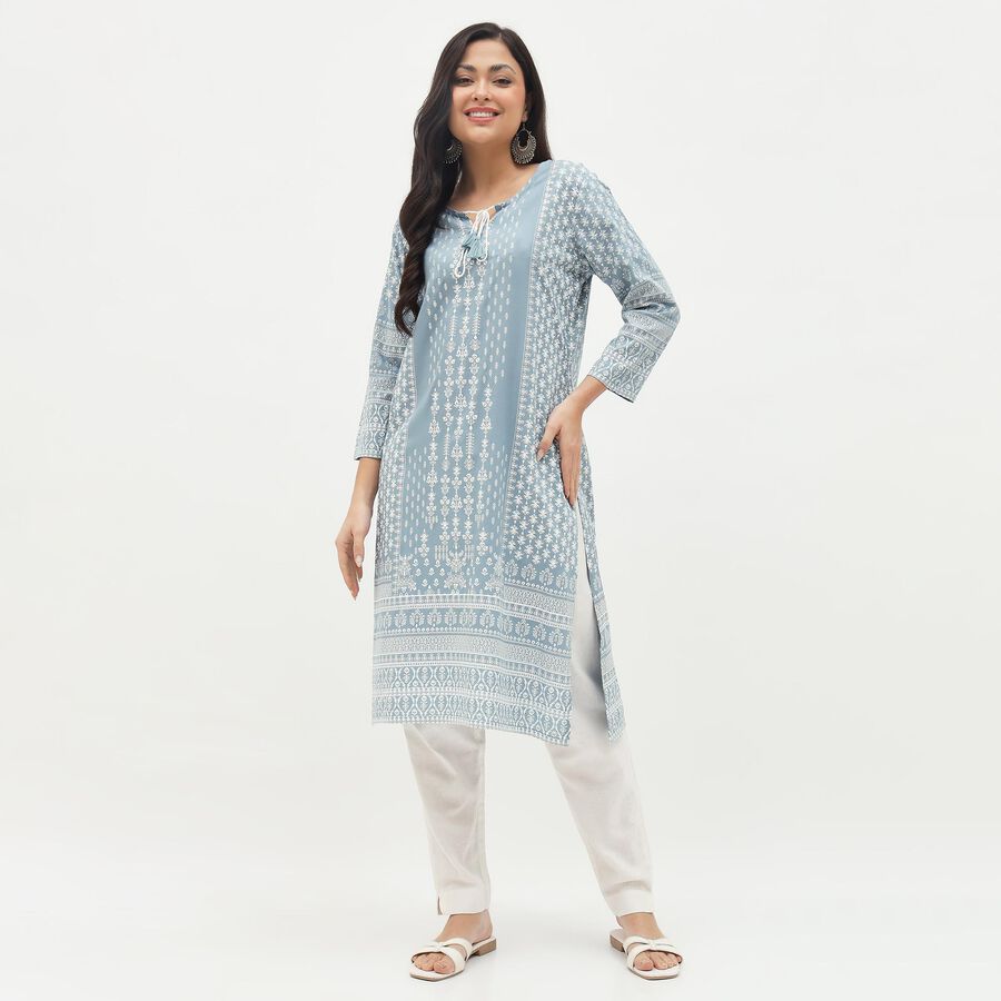 Women's Light Dusty Blue Tie-Up Neck Floral Printed Kurta, Light Grey, large