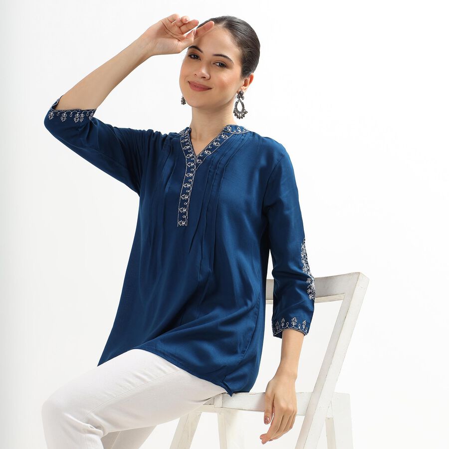 Ladies' Deep Midnight Blue V-Neck Embroidered Kurti, Teal Blue, large image number null