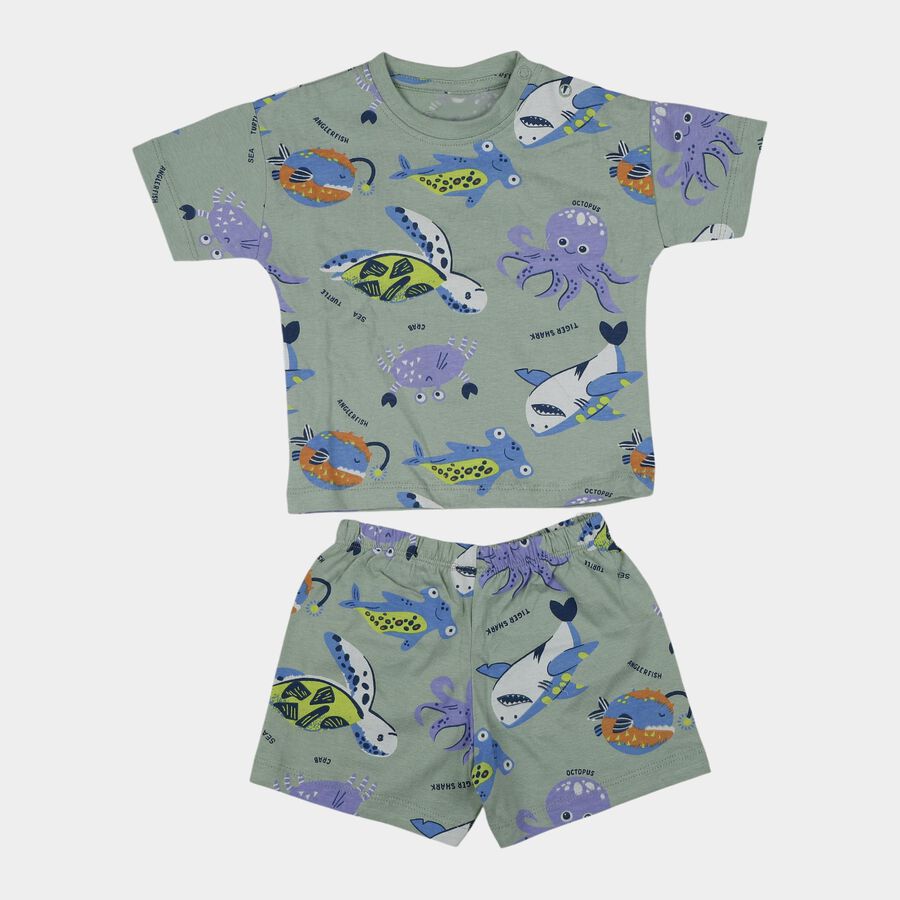 Infants' Light Green Cotton Round Neck Printed Baba Suit, Light Green, large