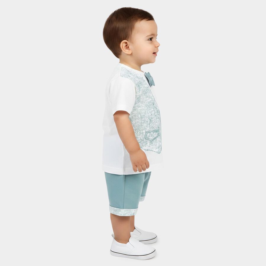 Infants' Teal 100% Cotton Round Neck Printed Baba Suit, टील ब्लू, large