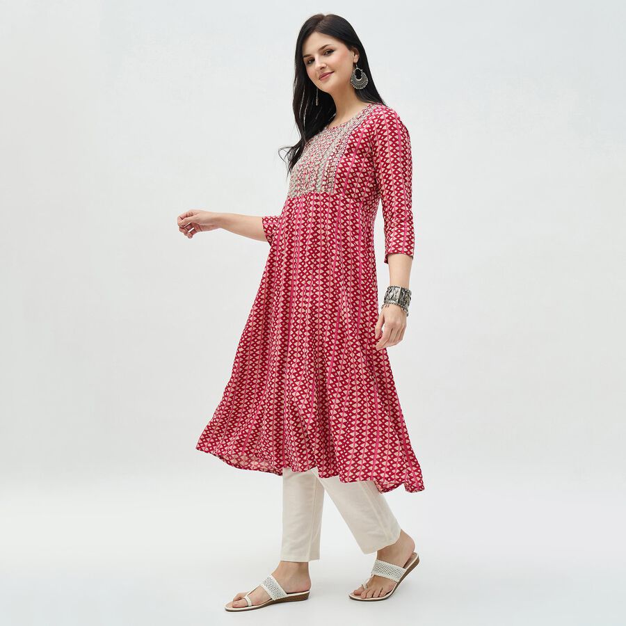 Women's Burgundy Round Neck Embroidered Kurta, Wine, large