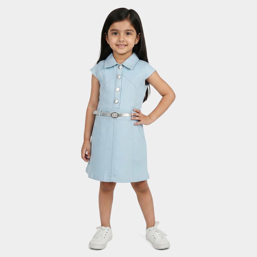 Girls' Light Blue Cotton Blend Casual Frock, हल्का नीला, large