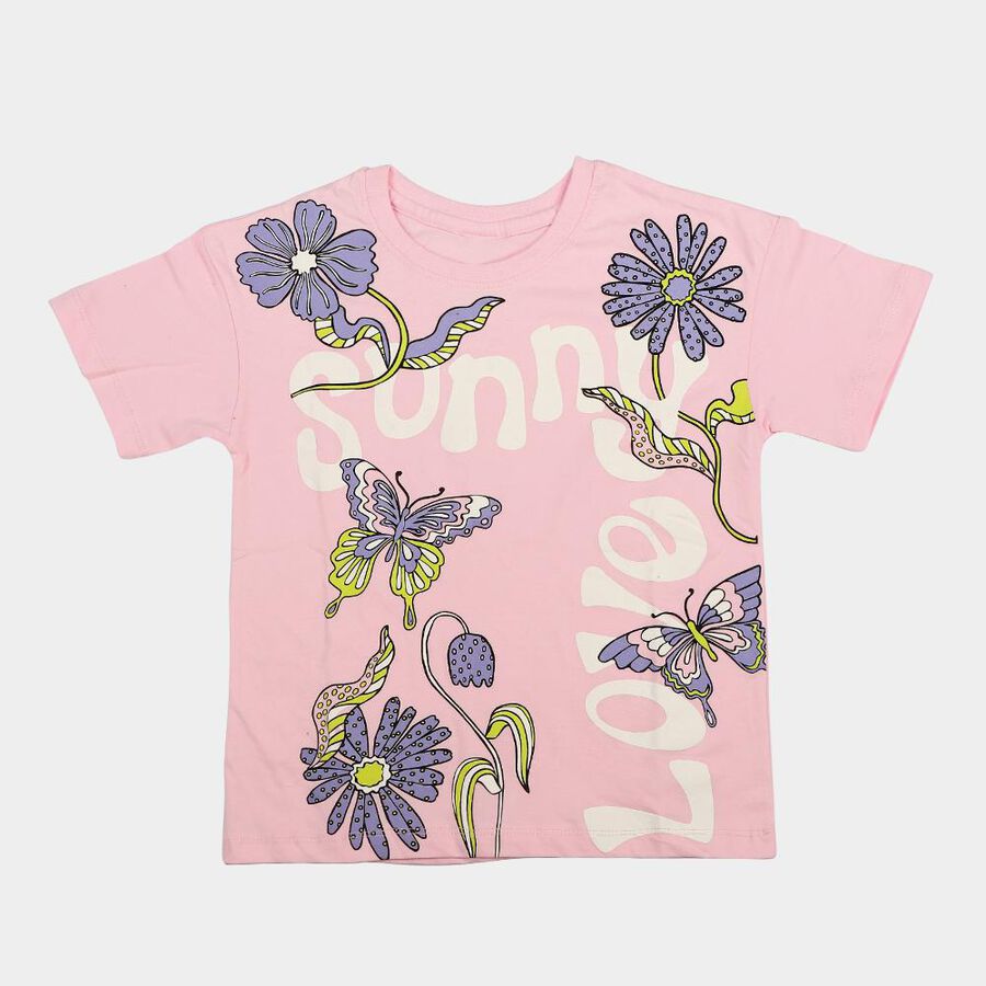 Girls Light Pink Cotton Round Neck Casual T-Shirt, हल्का गुलाबी, large