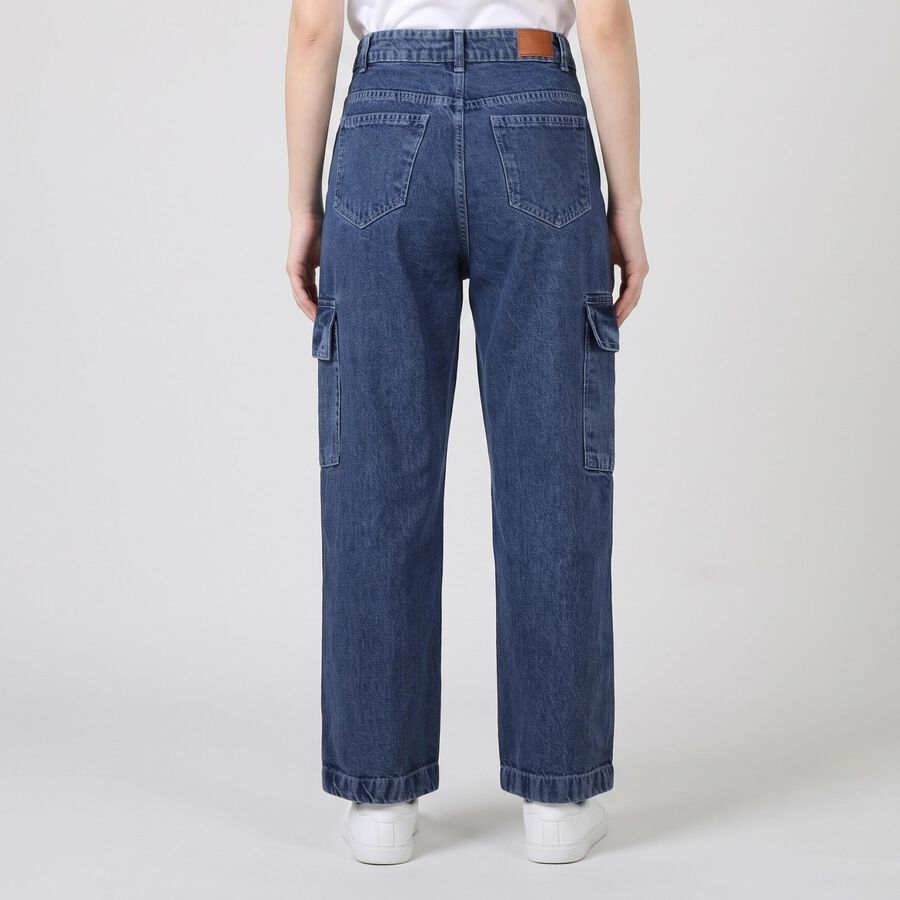 Women's Blue Relaxed Fit Cargo Jeans, Mid Blue, large