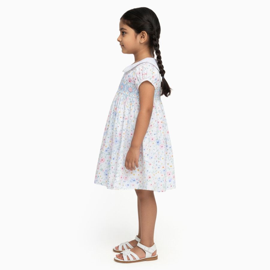 Girls' White Floral Smocked Cotton Frock, Off White, large image number null