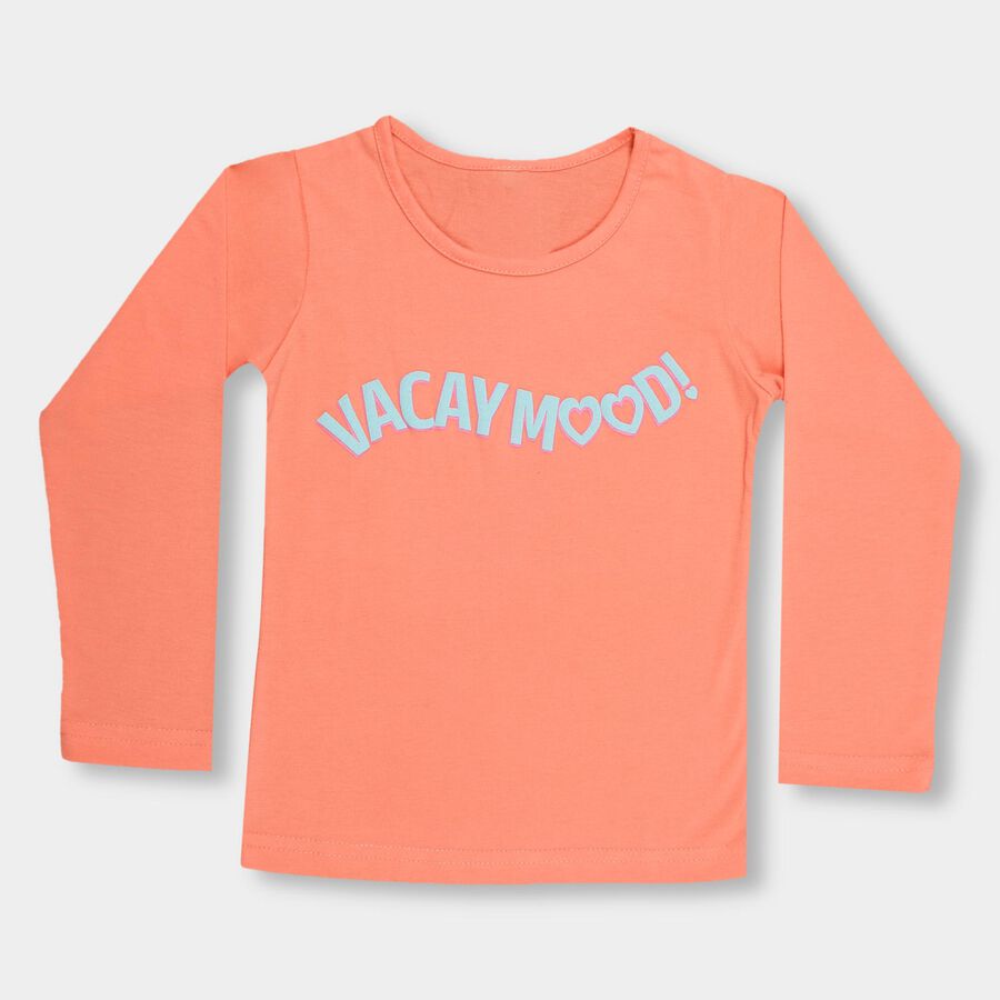 Girls' Bright Orange Round Neck Casual Top, नारंगी, large image number null