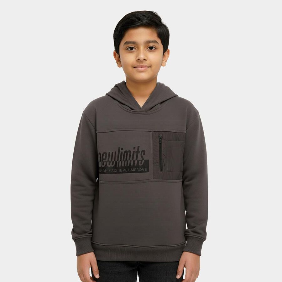 Boys Dark Grey Hooded Graphic Sweatshirt, चारकोल, large image number null