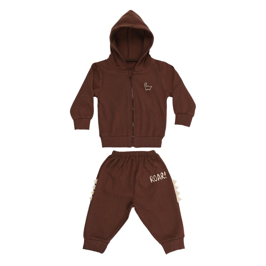 Infants' Brown Cotton Blend Hooded Dinosaur Baba Suit, Brown, large image number null