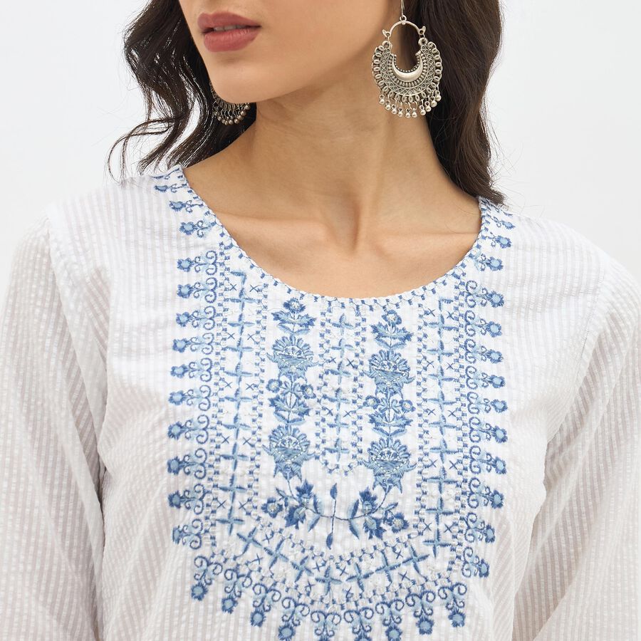 Women's Bright White Cotton Round Neck Embroidered Kurta, Dark Blue, large image number null