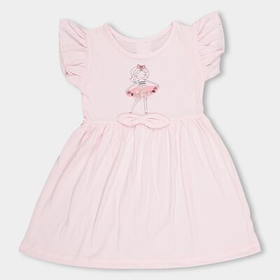Girls' Soft Pink Ballerina Printed Fit And Flare Frock