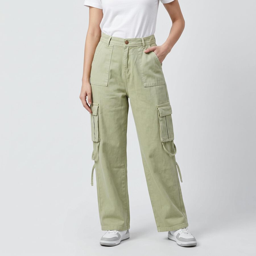Women's Green Straight Fit Cargo Style Jeans, Green, large