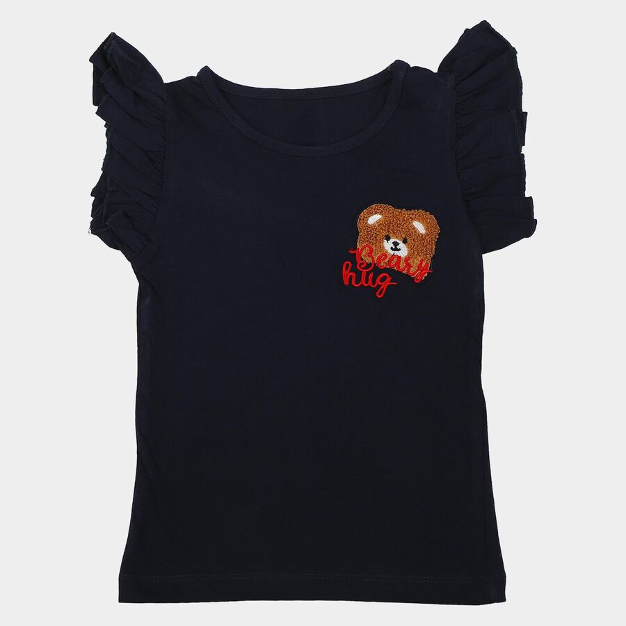 Girls Blue Cotton Round Neck Regular T-Shirt, Navy Blue, large