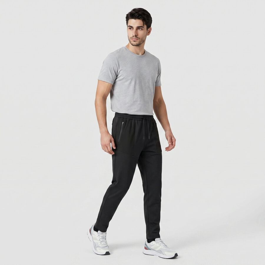 Men's Black Slim Fit Zip Pocket Track Pants, काला, large
