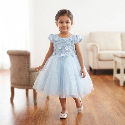 Girls' Light Blue Fit and Flare Floral Applique Party Wear Frock