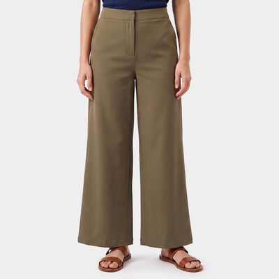 Women's Olive Green Wide-Leg Flat-Front Trousers