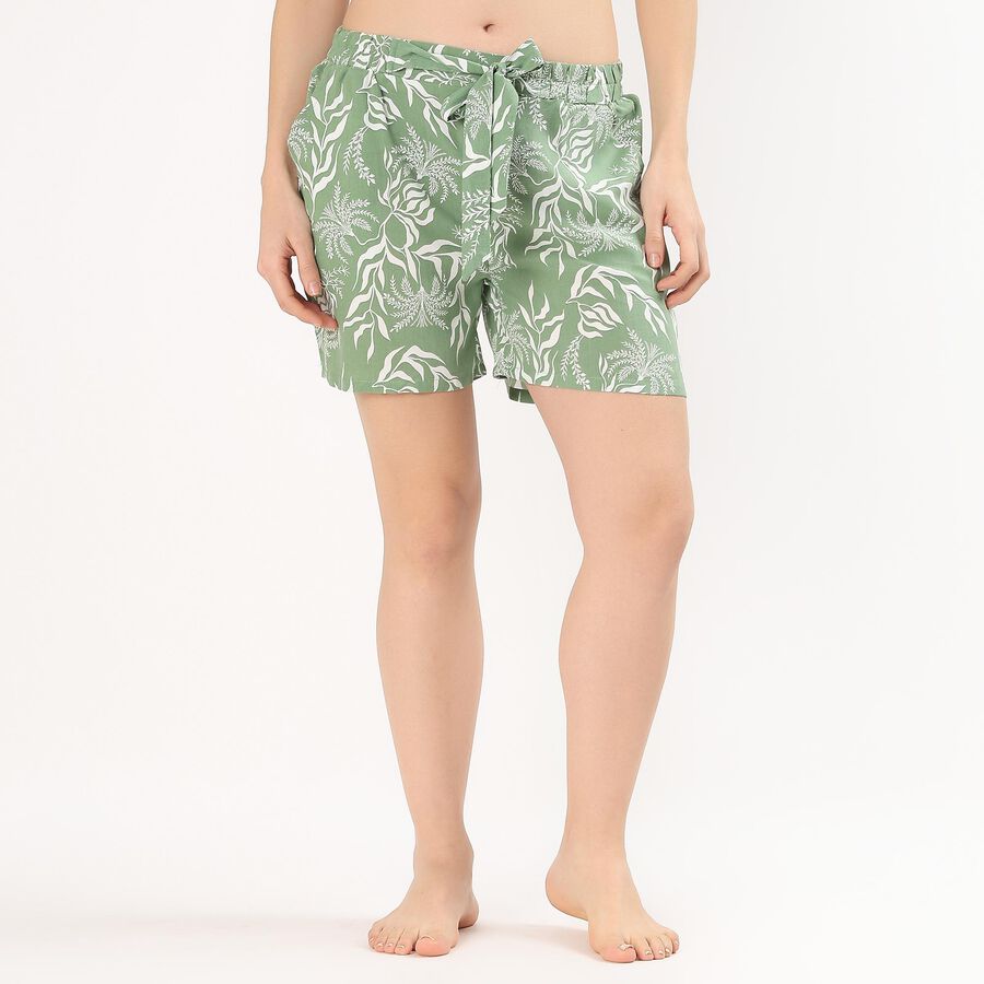 Women's Muted Sage Green Floral Printed Elastic Waist Shorts, Light Green, large
