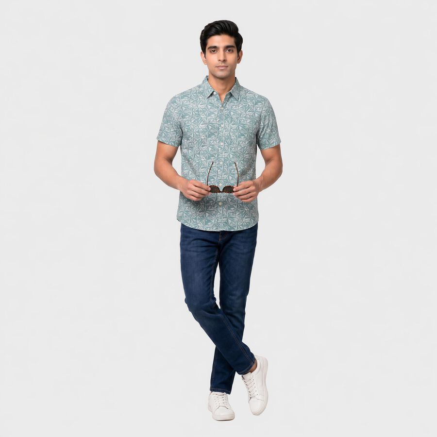 Men's Green Cotton Printed Collar Casual Shirt, Light Green, large