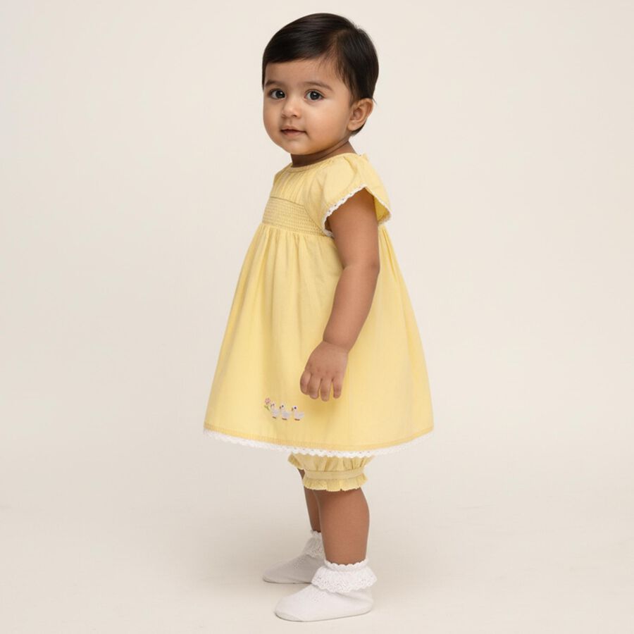Infants' Soft Yellow Smocked Embroidered Casual Frock, पीला, large image number null