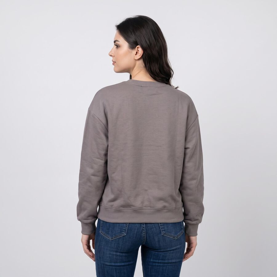 Women Grey Crew Neck Drop Shoulder Sweatshirt, गहरा ग्रे, large