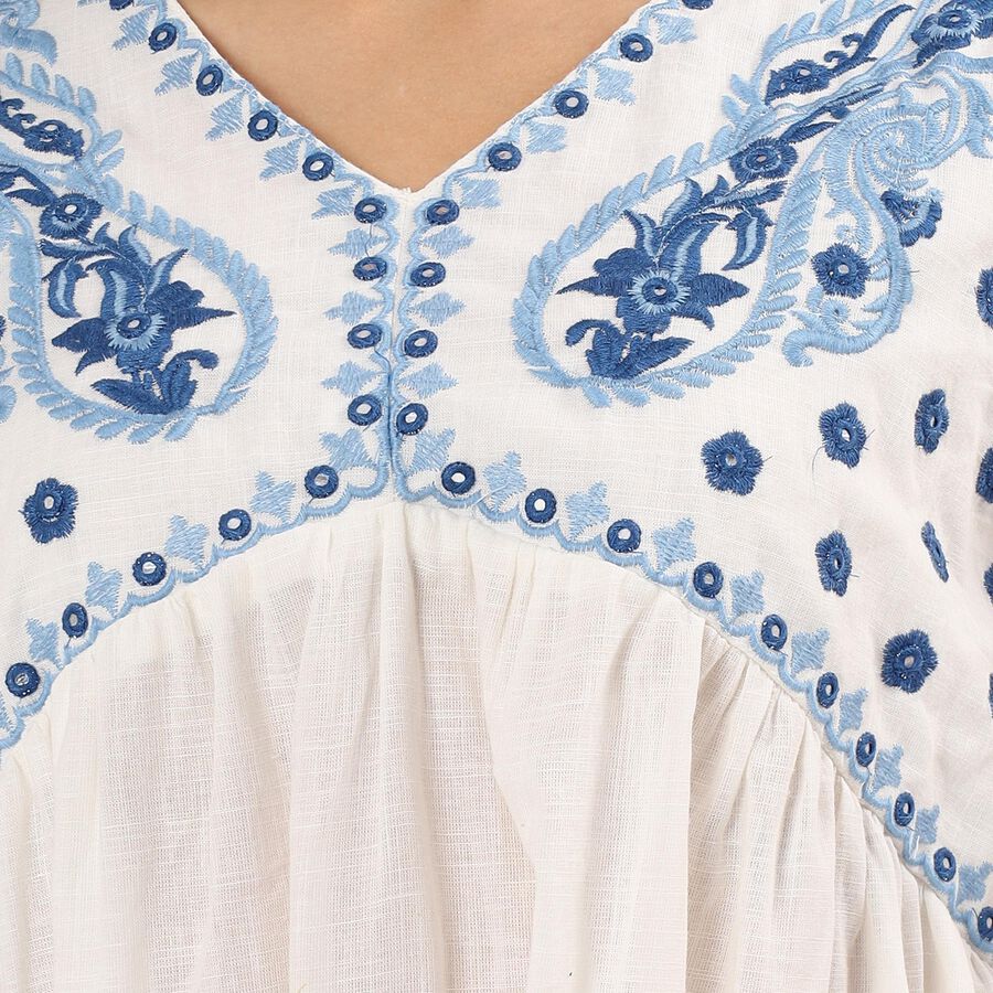 Women's White Cotton Round Neck Embroidered Kurti, सफ़ेद, large image number null