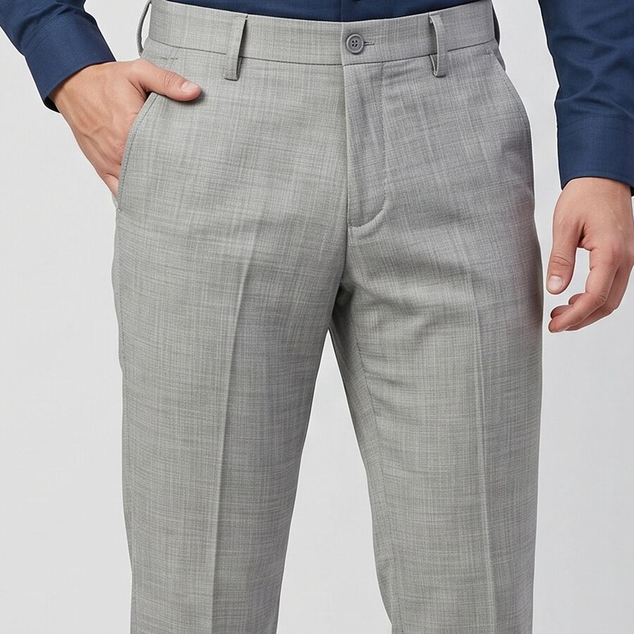 Men's Grey Flat-Front Formal Trousers, Light Grey, large