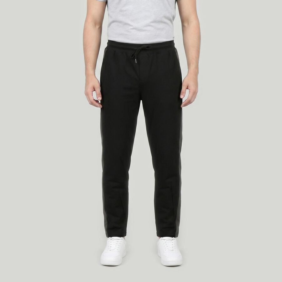 Men's Black Tapered Fit Side-Striped Track Pants, काला, large
