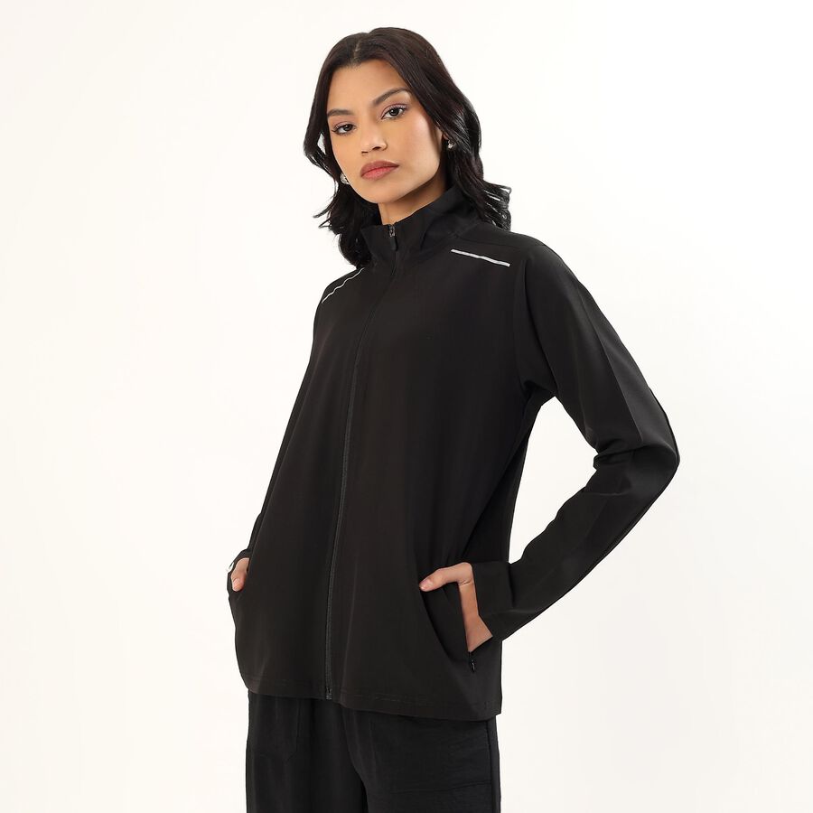 Women's Jet Black High Neck Casual Jacket, Black, large image number null