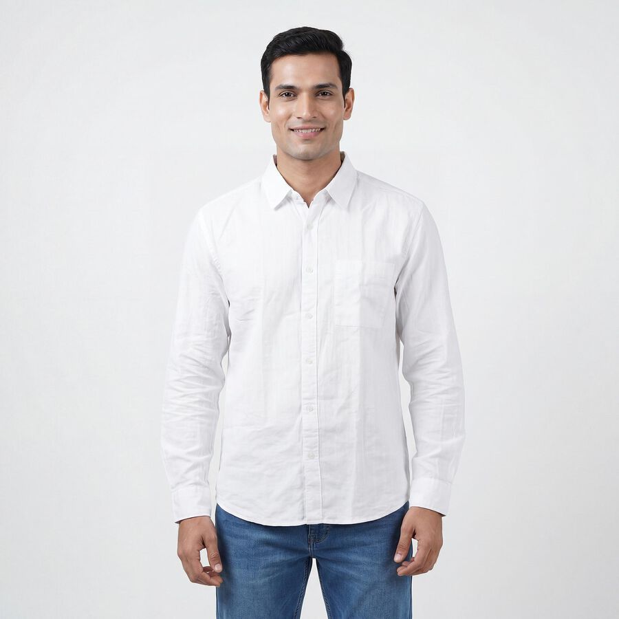 Men's White Cotton Spread Collar Casual Shirt, White, large