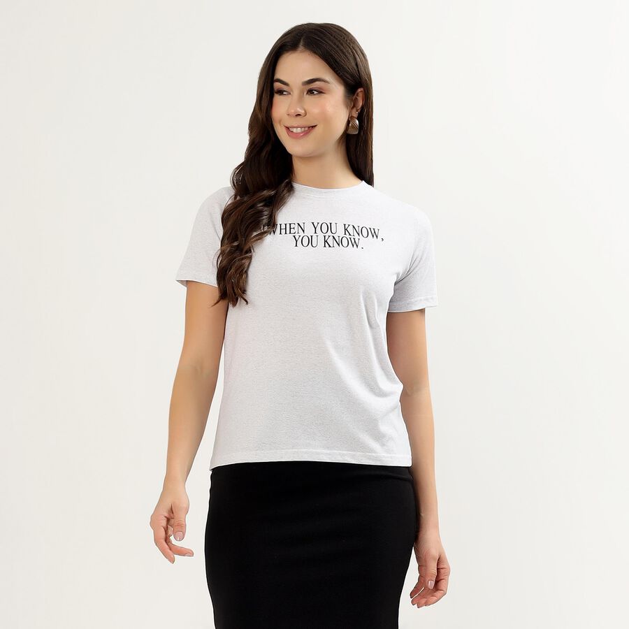 Women's Bright Ecru Melange Round Neck Graphic T-Shirt, Ecru Melange, large