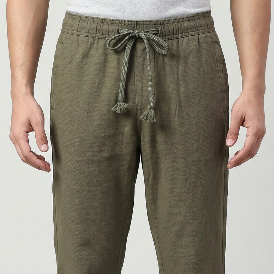 Men's Olive Green Slim Fit Drawstring Chino Trousers, ओलिव, large