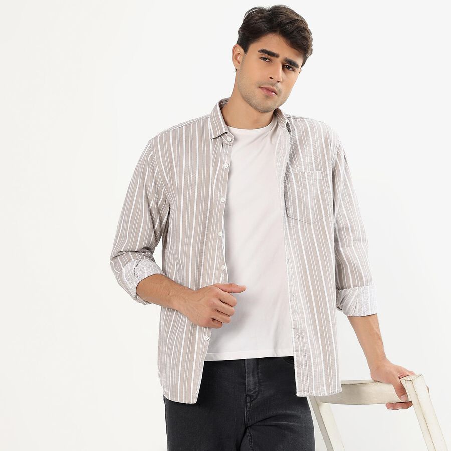 Men's Khaki Cotton Classic Slim Fit Casual Shirt, Khaki, large image number null