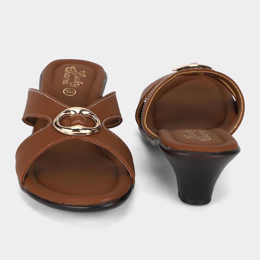 Women's Brown Slip-On Buckle Detail Heeled Sandals, Brown, large