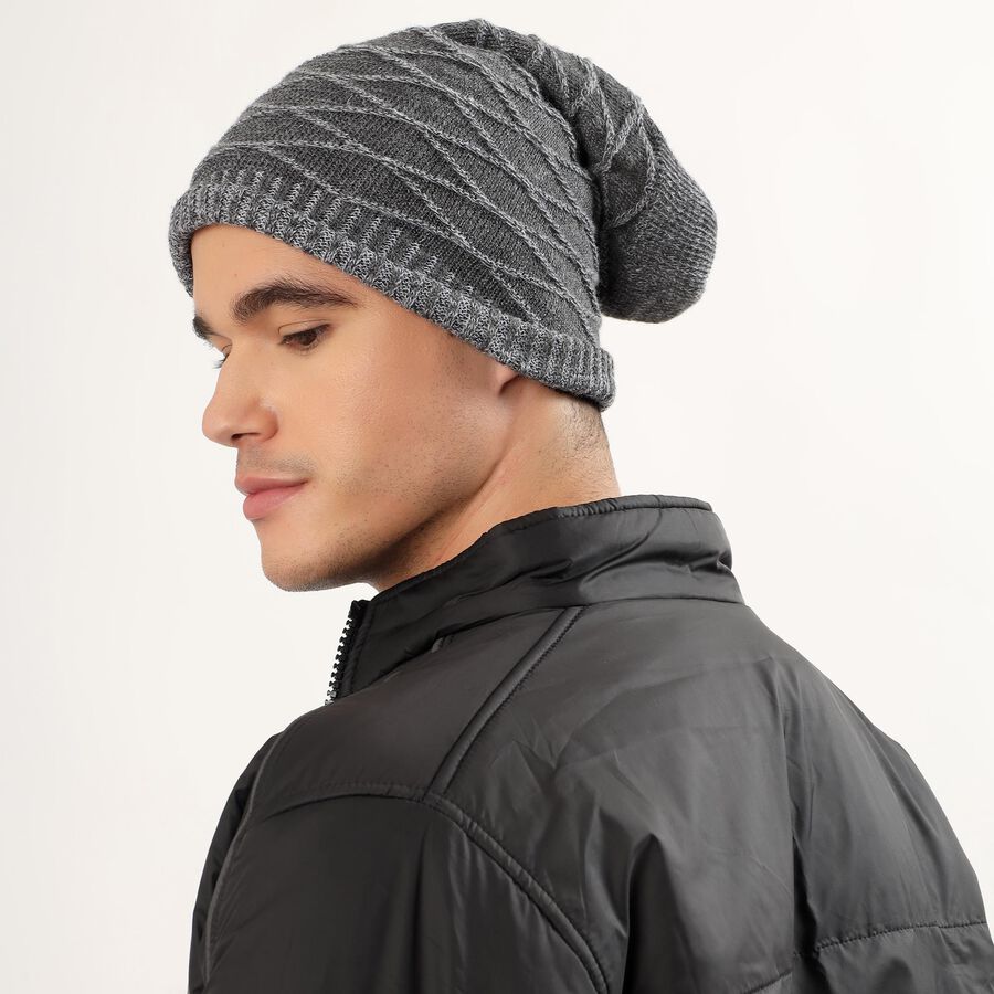 Men's Charcoal Grey Textured Knitted Beanie, Charcoal, large image number null