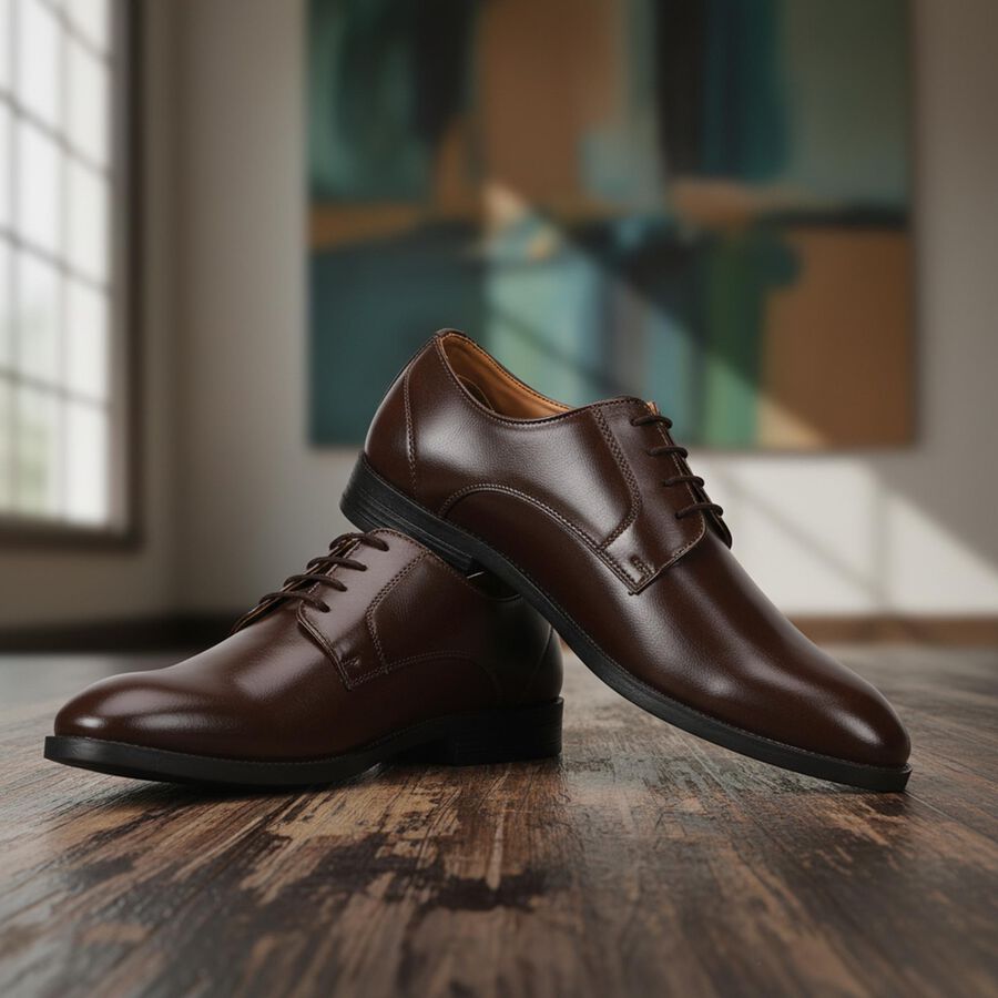 Men's Brown Lace-Up Derby Formal Shoes, Brown, large