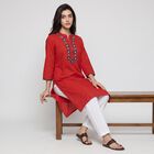 Women's Red Notch Neck Embroidered Kurta, Red, small