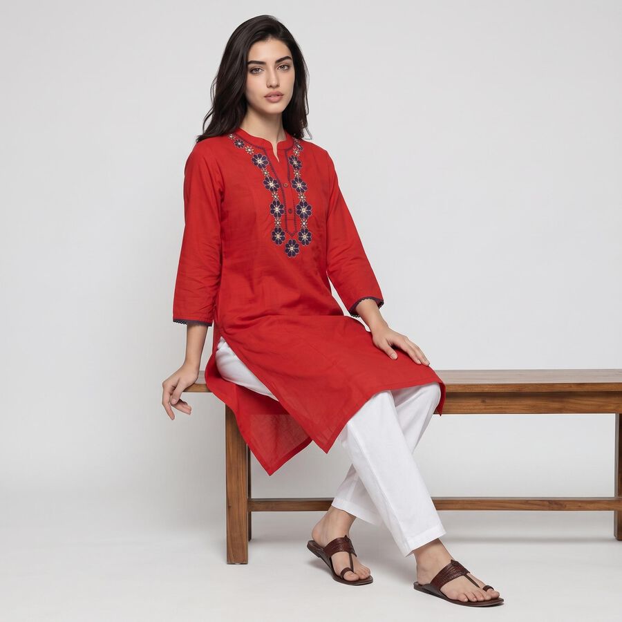 Women's Red Notch Neck Embroidered Kurta, Red, large