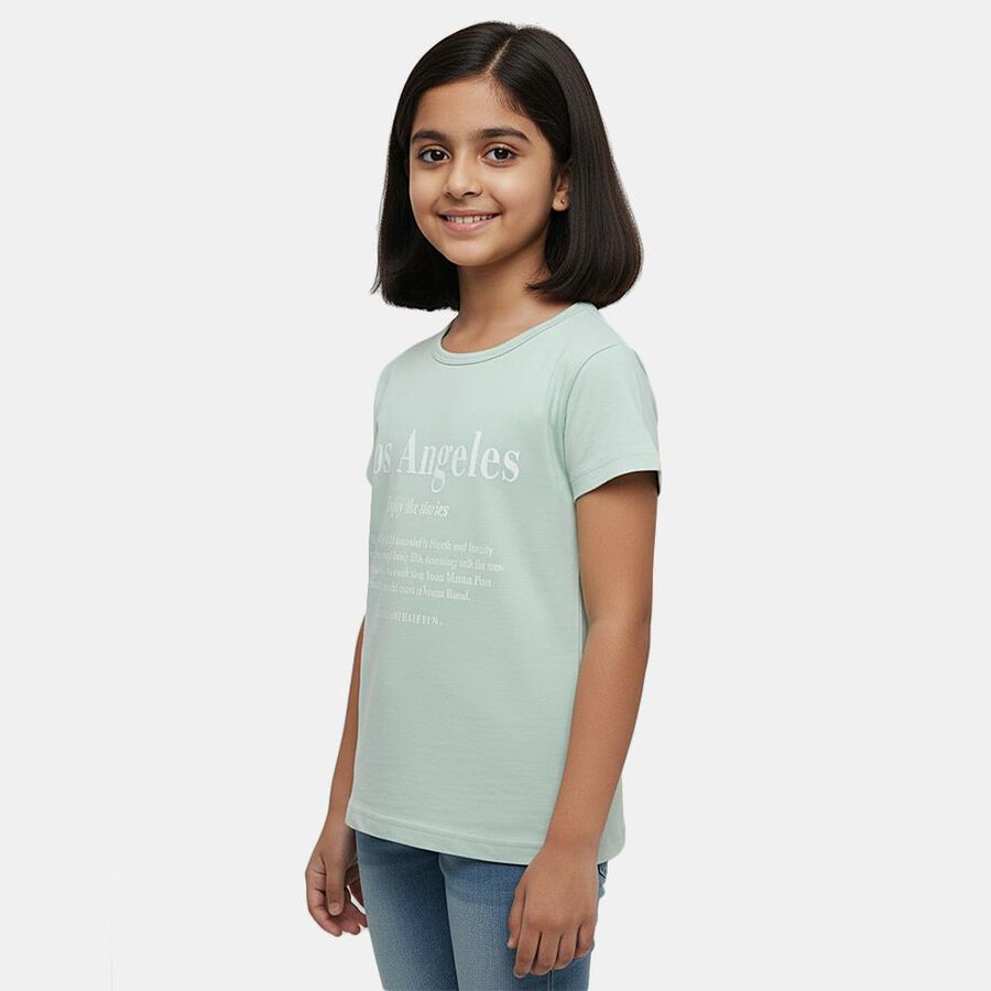 Girls Green Round Neck Casual T-Shirt, हल्का हरा, large