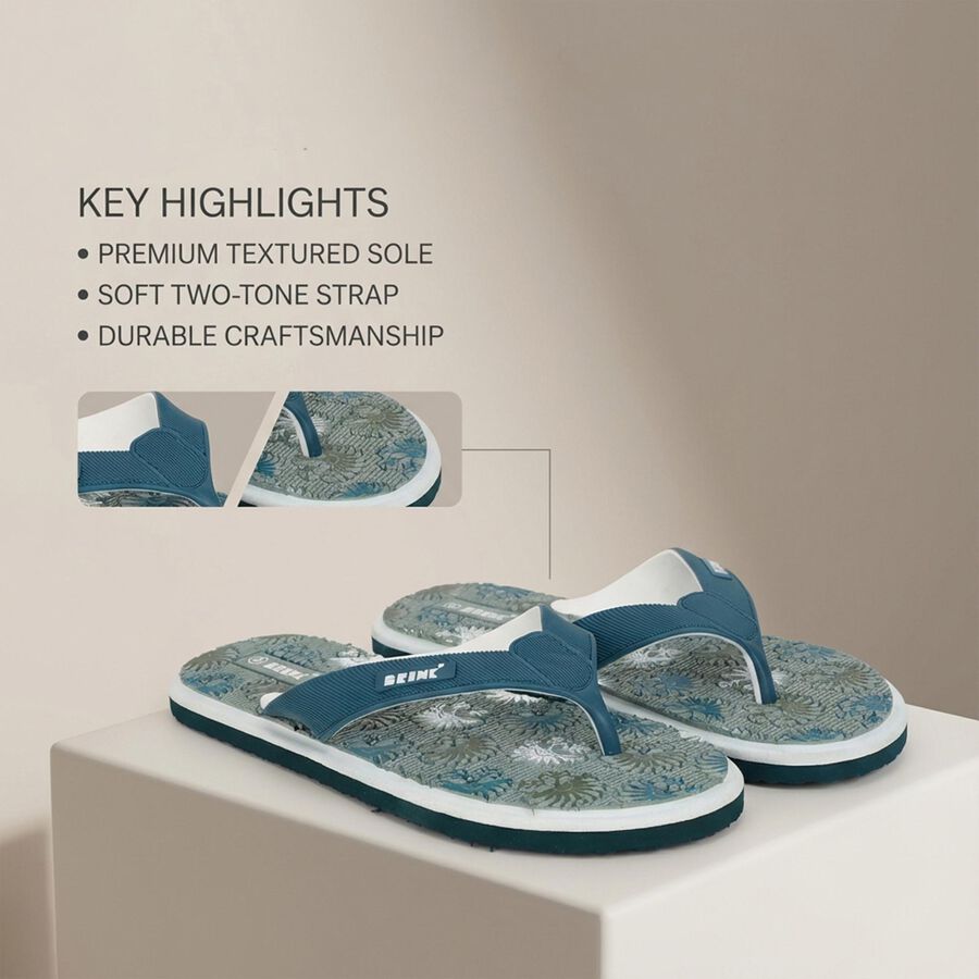 Men's Muted Teal Blue Floral Print Flip-Flops, हरा, large