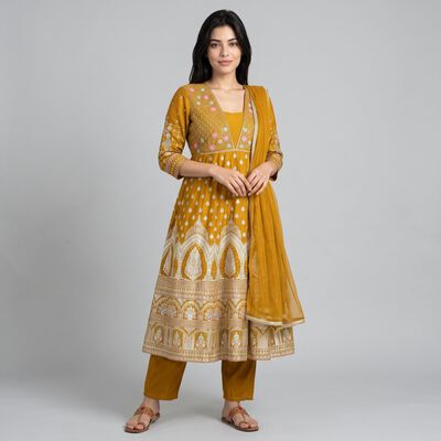 Women's Mustard Floral Printed Ethnic Set